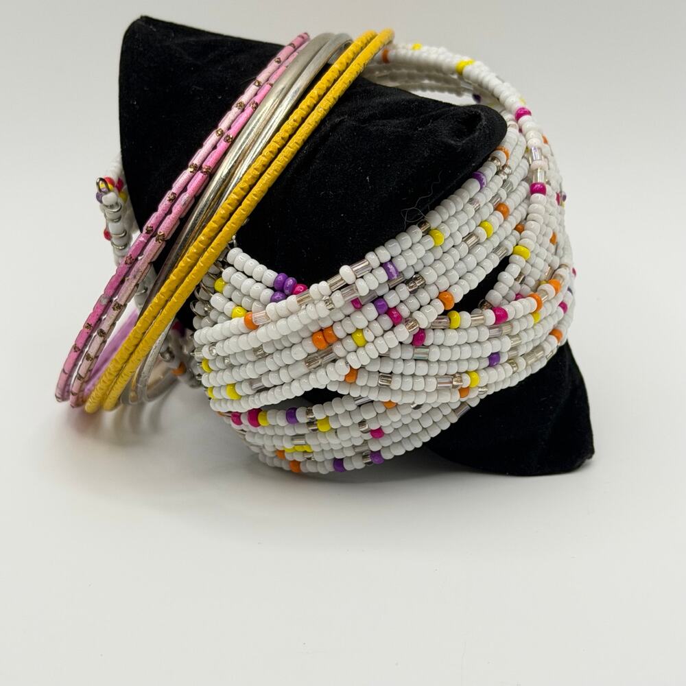 Wide White Seed Bead Cuff + 6 Colorful Stackable Bangles Set - Picture 3 of 5